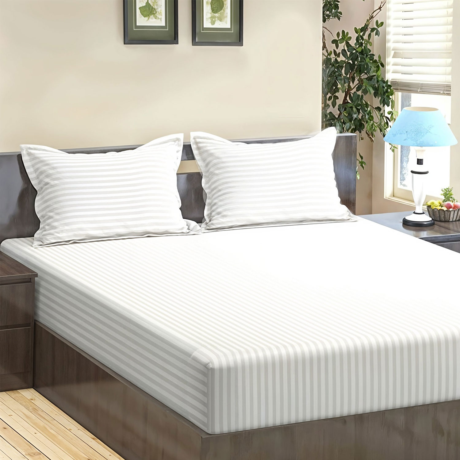 Pure White Stripes 300 TC Cotton Satin Bedsheet Super Soft & Breathable